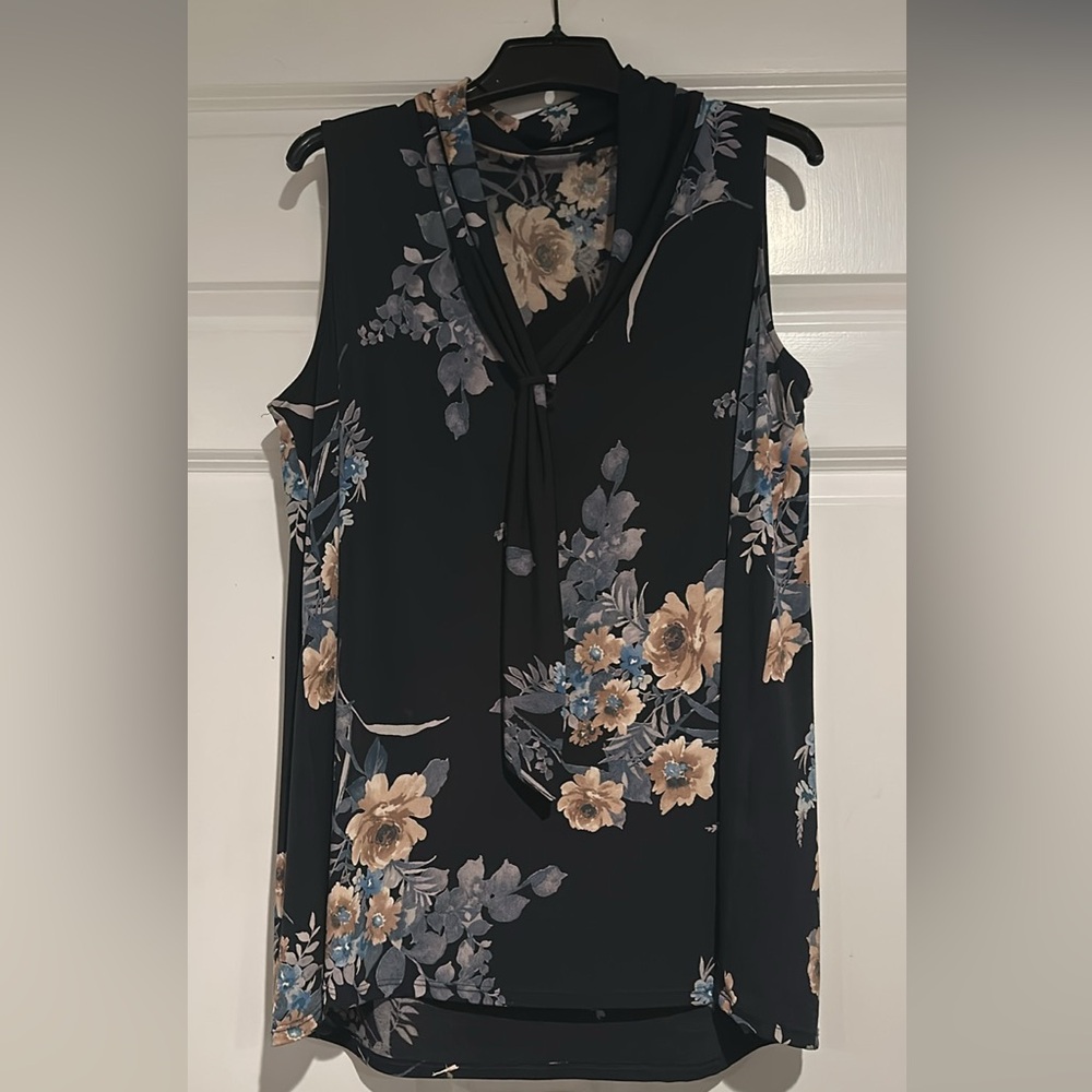 Beacon Black Floral Tie-Neck Cold-Shoulder Blouse (Stitch Fix)